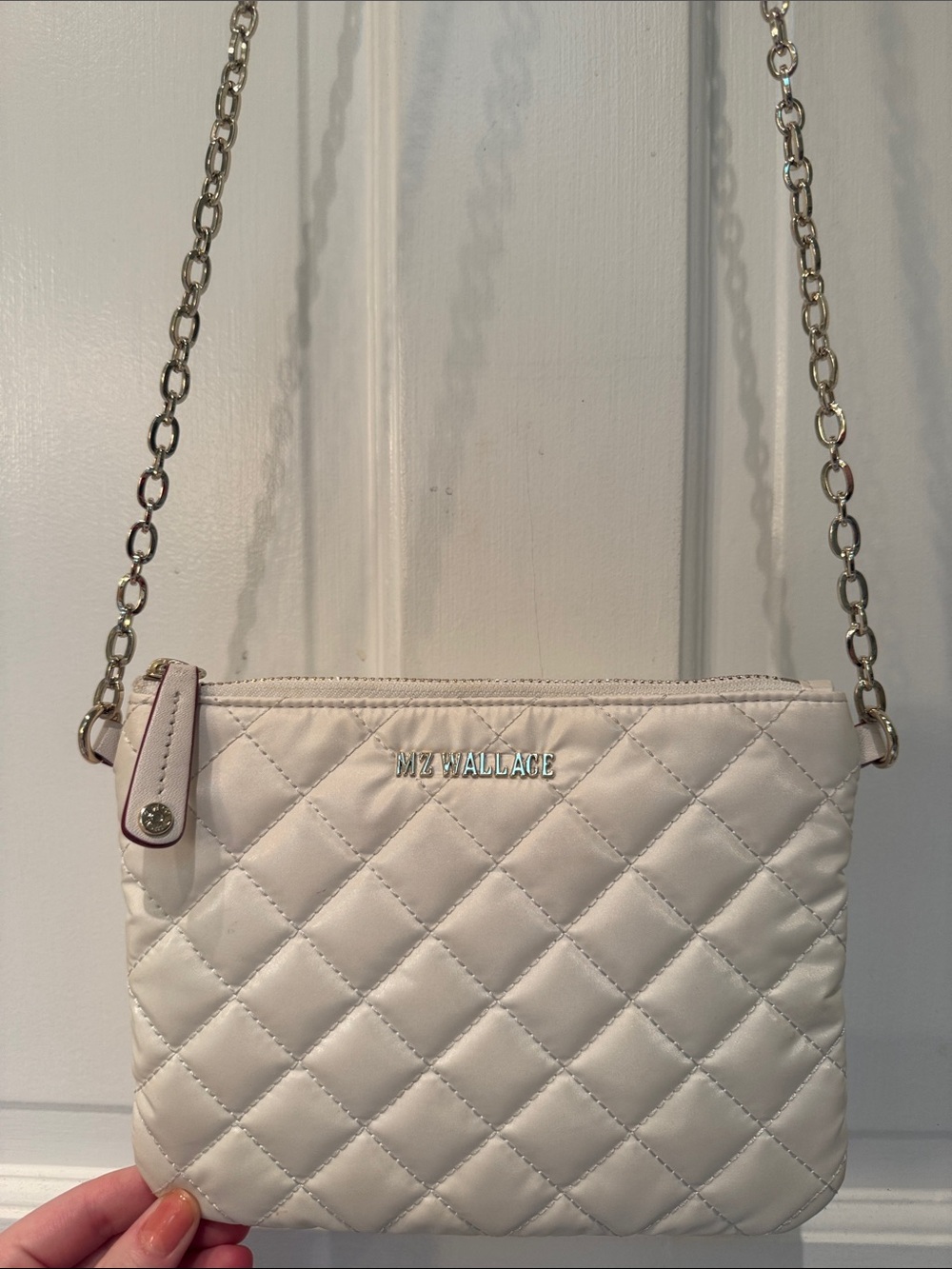 MZ Wallace Quilted Crossbody with white gold chain